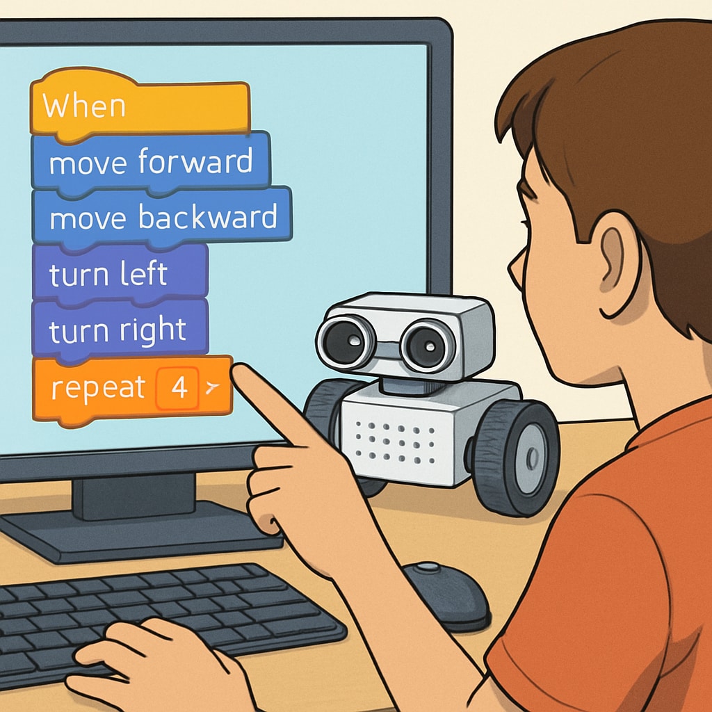 Close-up of a student programming a robot using a visual coding interface. A student coding a robot using beginner-friendly software in a project-based learning environment.