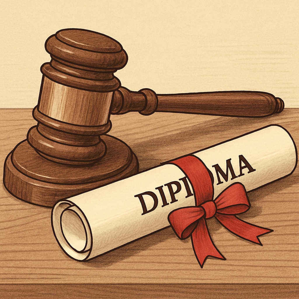 A gavel and a diploma on a table, symbolizing the consequences of academic dishonesty. A gavel and a diploma, representing the risks and consequences of dishonesty in college applications.
