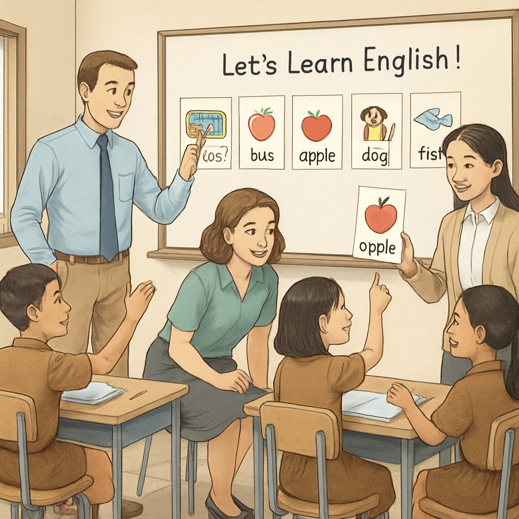A group of teachers leading an English activity with Thai students in a classroom. Teachers and Thai students engaging in English learning activities during a summer camp.