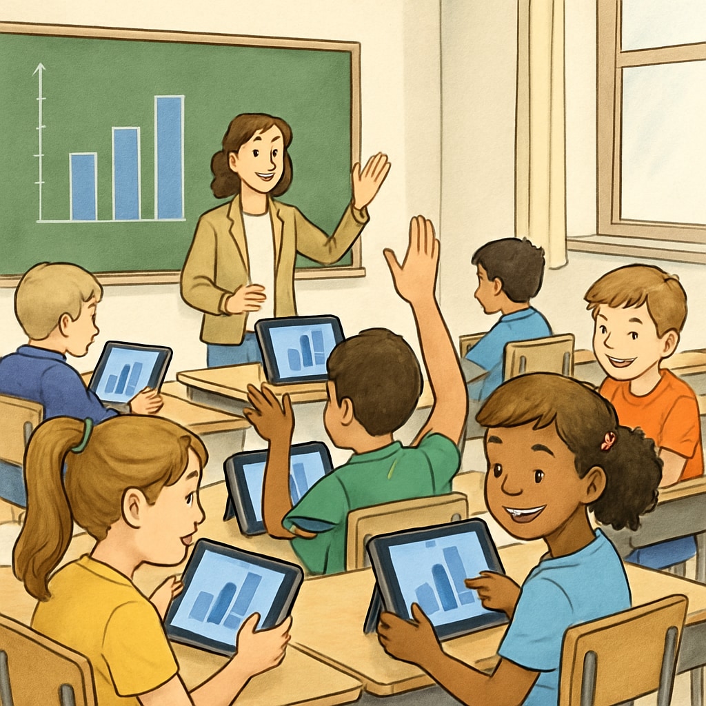 Students participating in interactive learning with tablets, showcasing Gurwi’s educational impact.