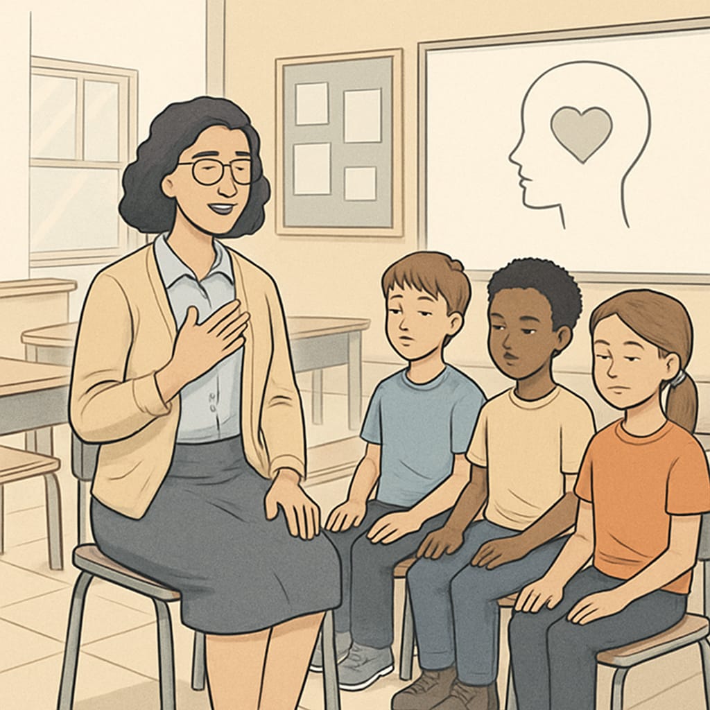 A teacher guiding students through a mindfulness session in a brightly lit classroom, promoting emotional regulation techniques. Teacher conducting a mindfulness session with students for emotional regulation.