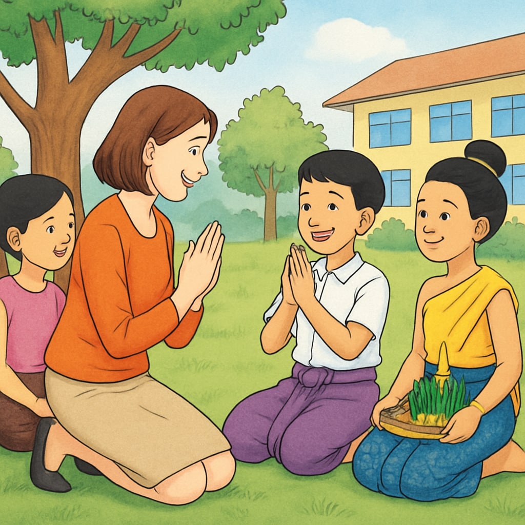 A teacher interacting with Thai students during a cultural exchange activity outdoors. A teacher and Thai students participating in a cultural exchange activity in Thailand.