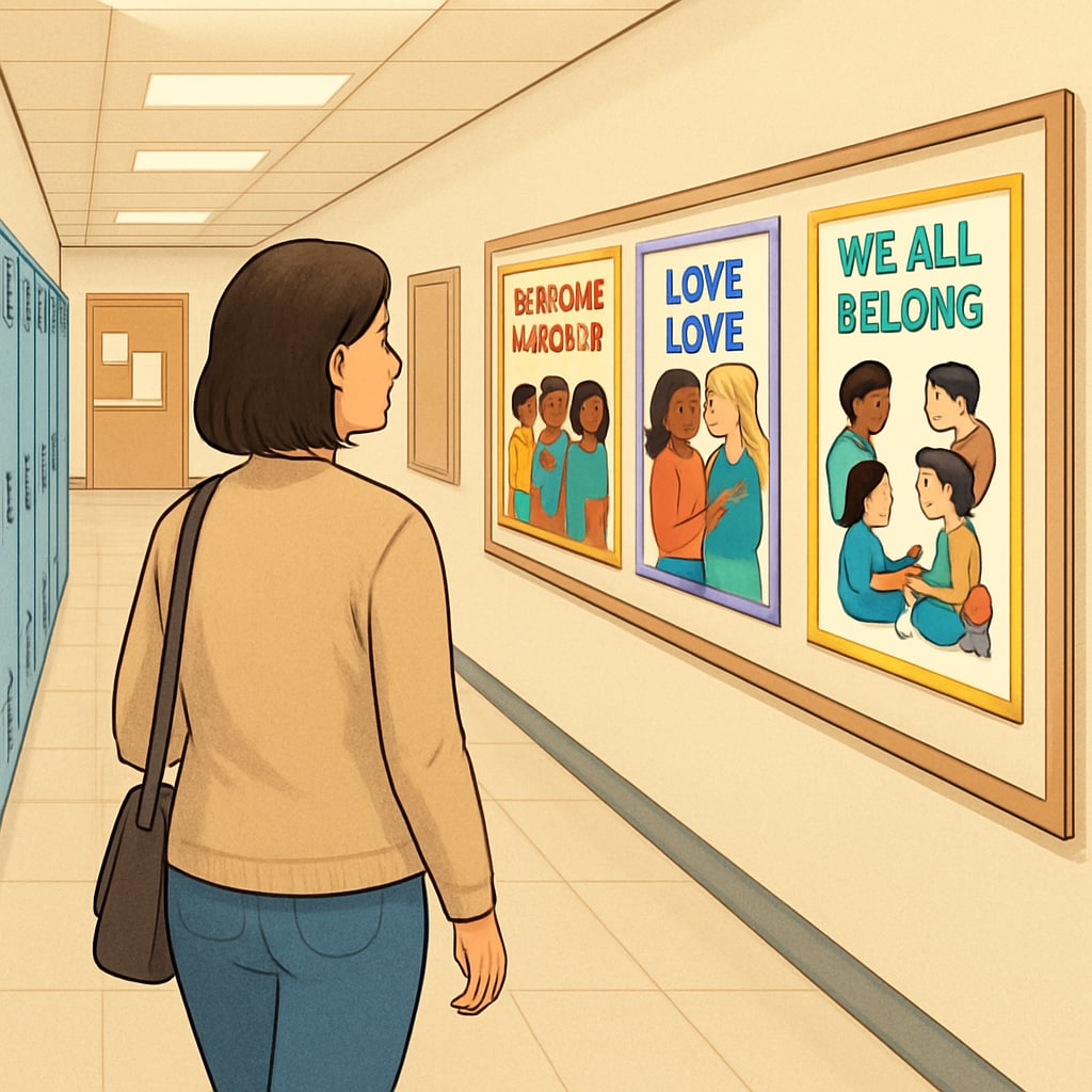 Parent observing diversity posters in a public elementary school hallway.