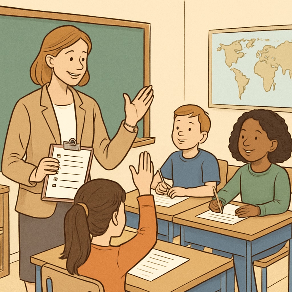 A teacher conducting a survey with students in a classroom setting, symbolizing stakeholder involvement in research. Teacher conducting a classroom survey for K12 education