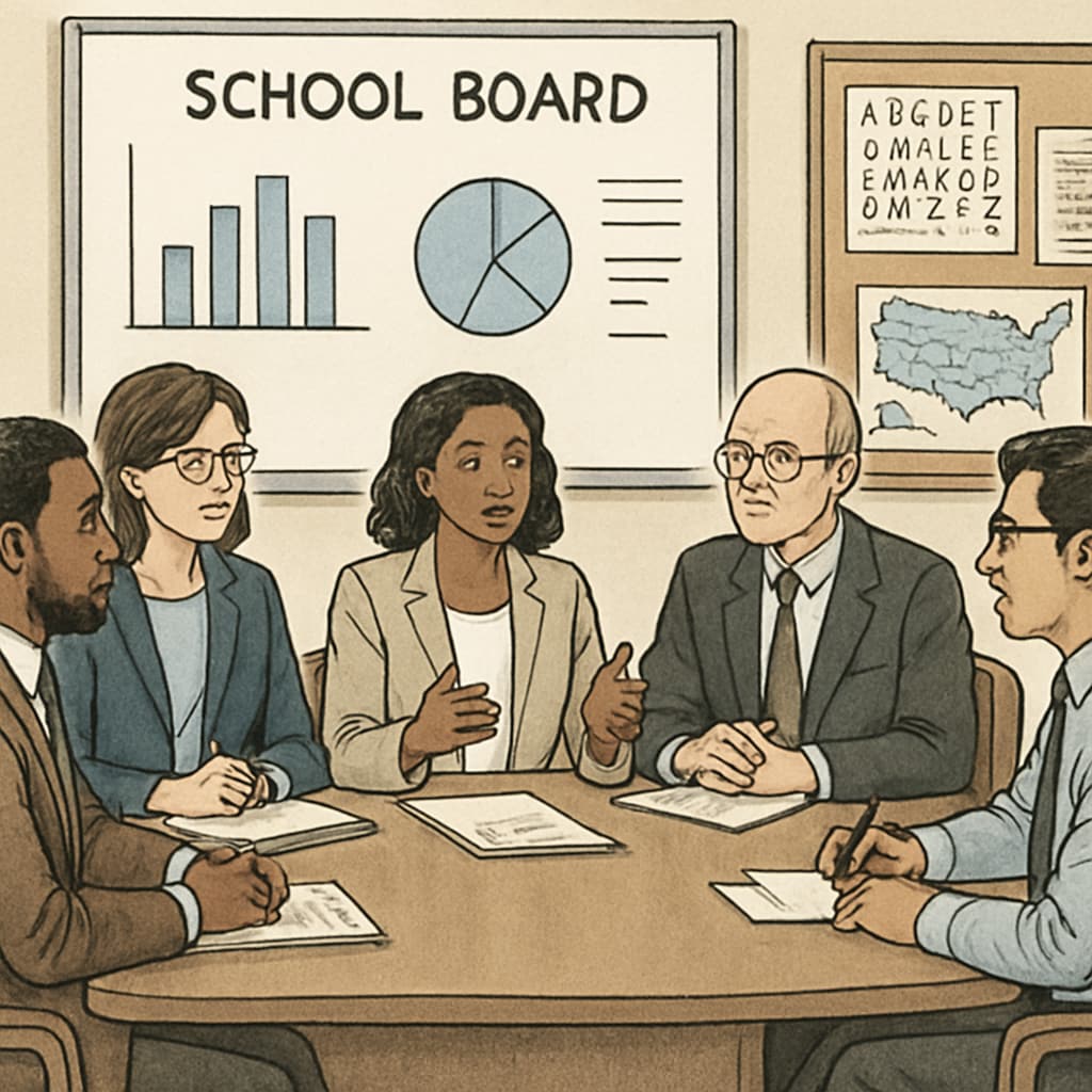 A school board meeting in session, with members discussing educational strategy. School board members discussing educational effectiveness at a meeting.