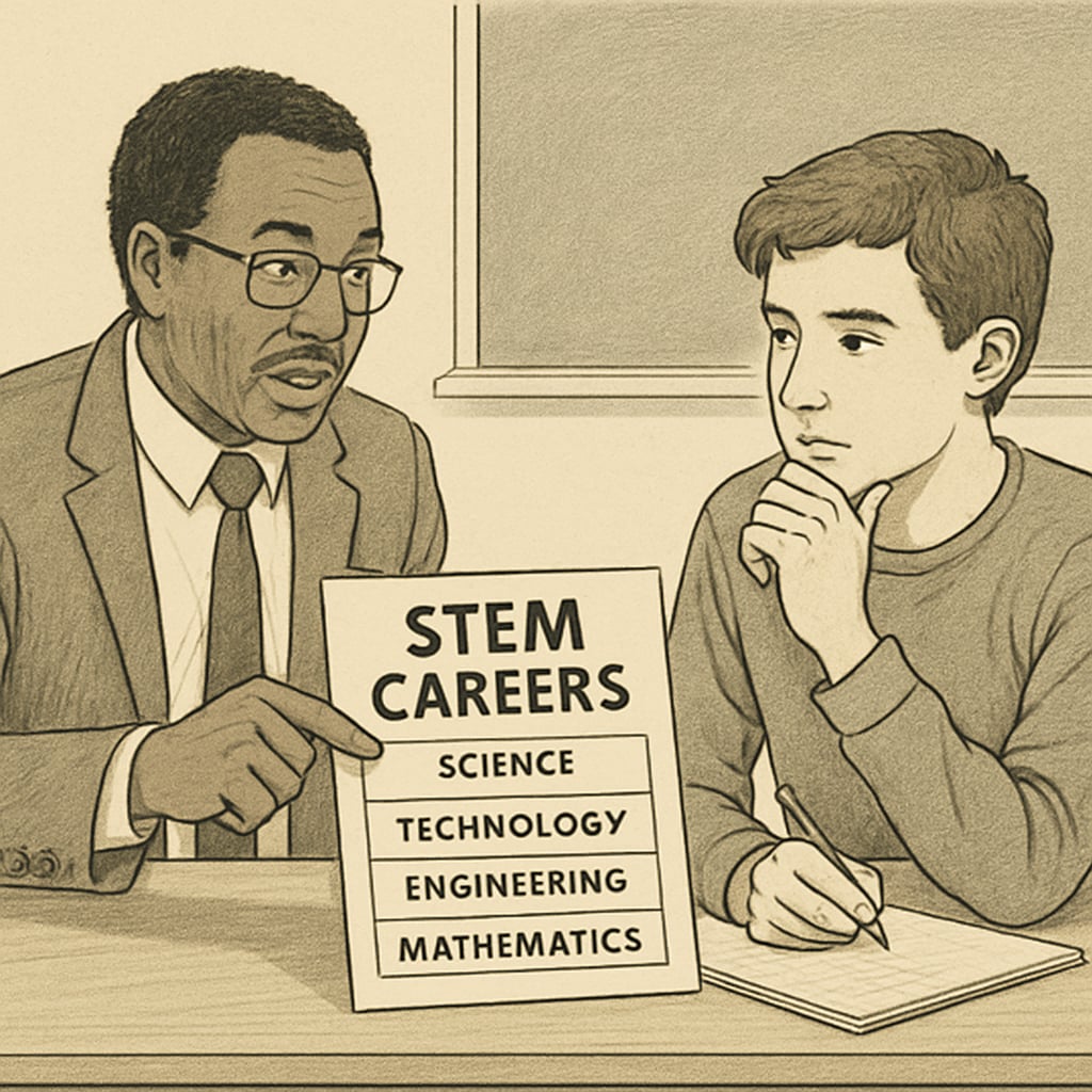 A mentor discussing career options with a high school student, emphasizing STEM opportunities. A mentor guiding a student through STEM career options, showcasing mentorship and planning.