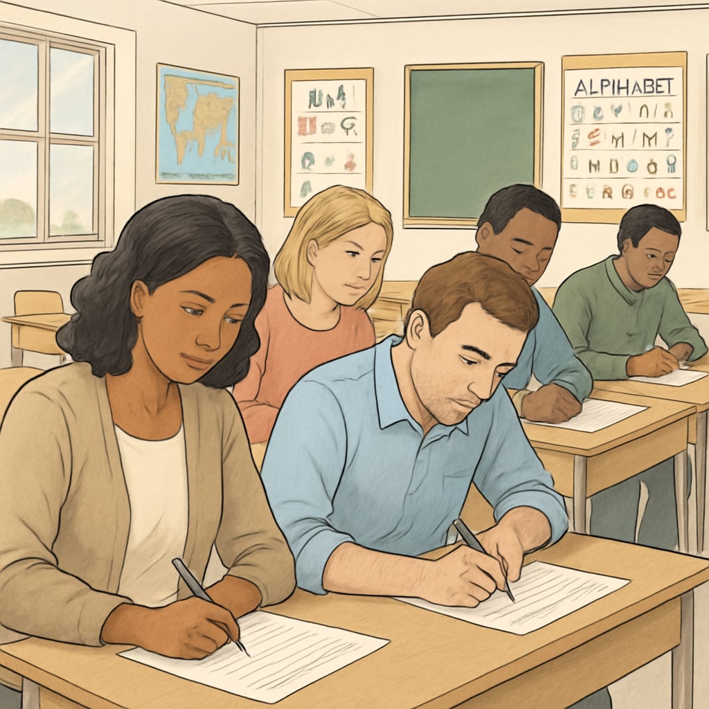 A group of parents filling out questionnaires during a school meeting, illustrating parental participation in educational surveys. Parents participating in educational surveys at a school meeting