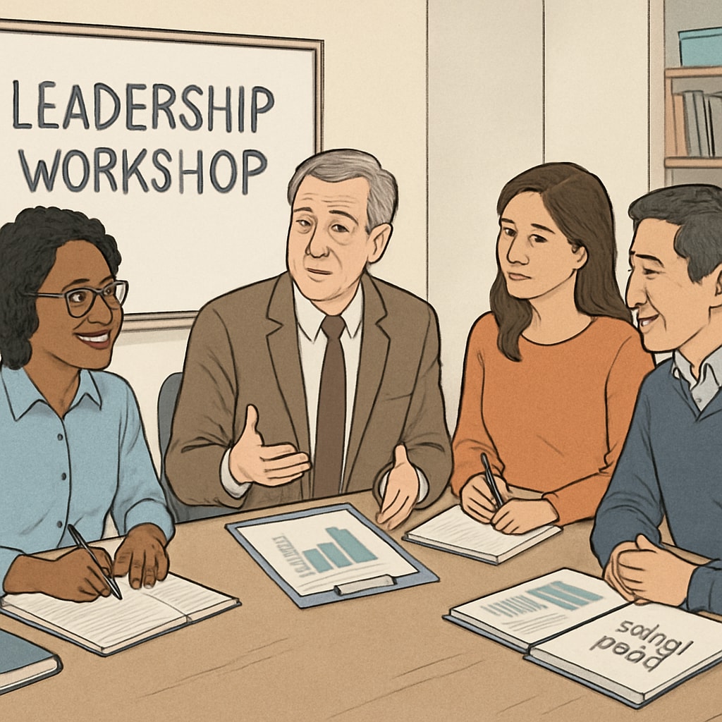 A diverse group of school board members attending a leadership workshop to improve governance. School board members participating in a workshop on educational change.