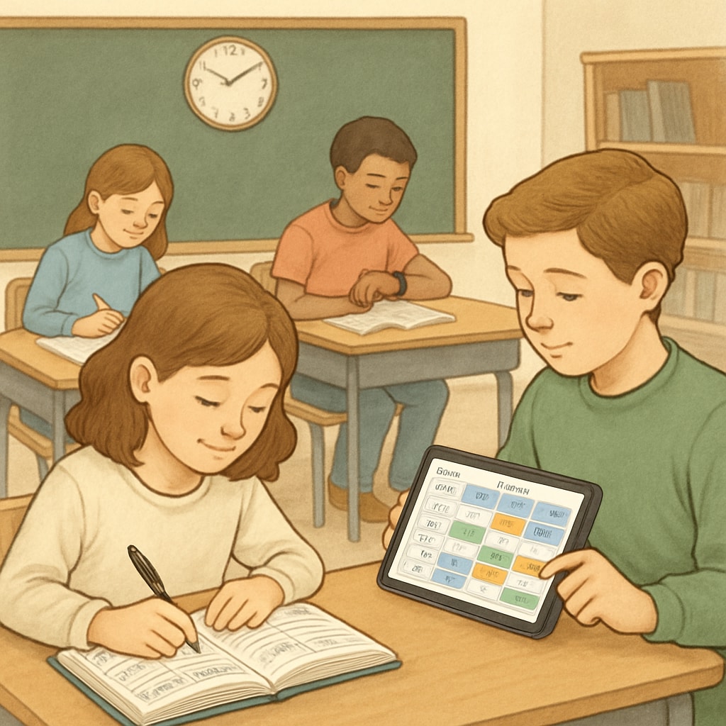 Students using planners and digital tools to practice time management skills in a classroom setting. Students engaging with time management tools, showcasing the importance of teaching time management in schools.