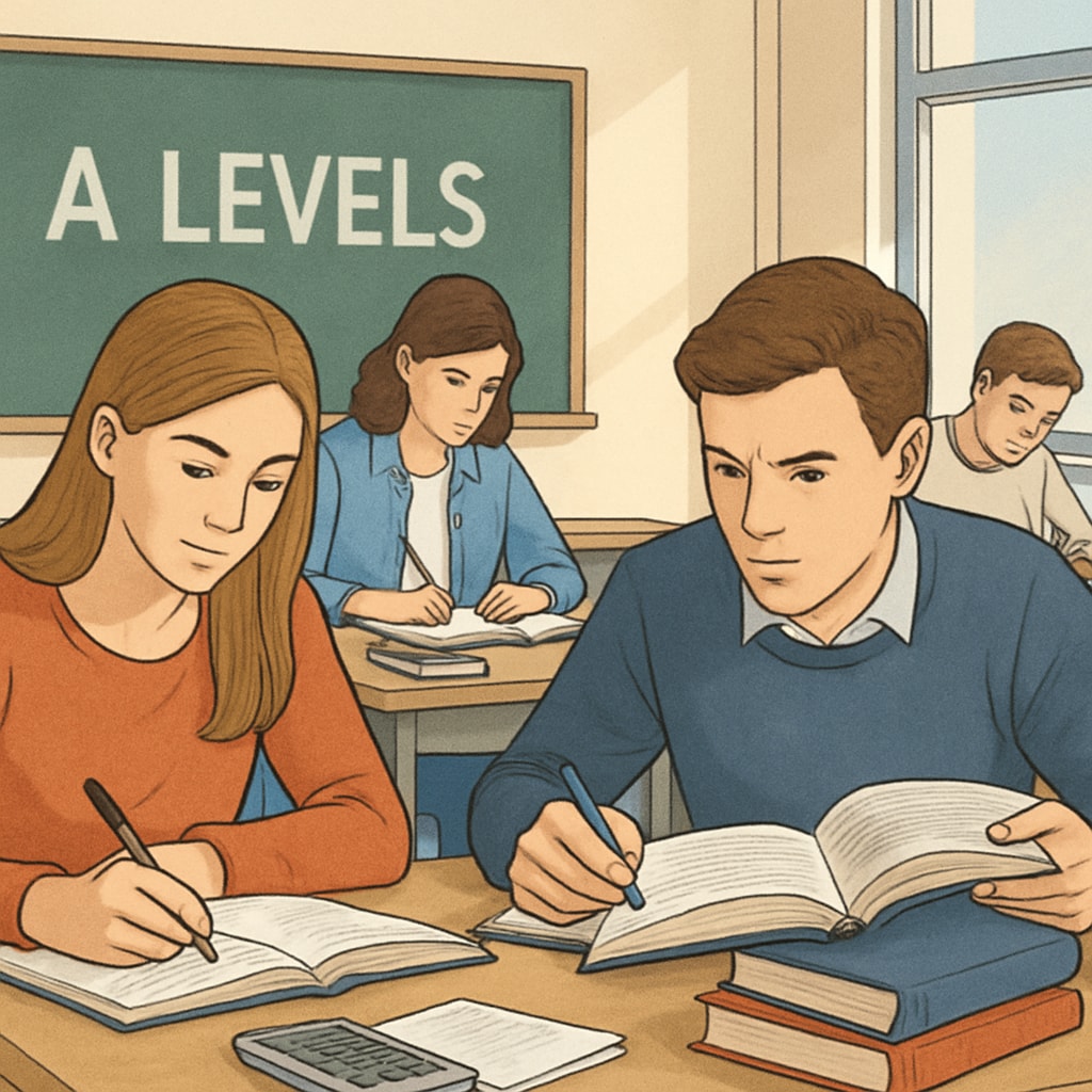 Students engaged in A Levels coursework in a classroom setting.