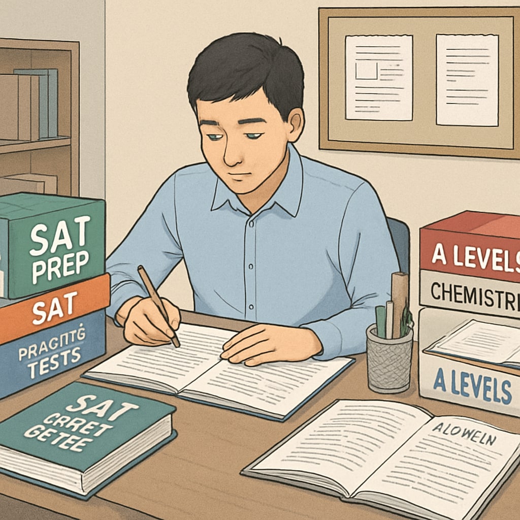 A student balancing SAT preparation with A Levels coursework.