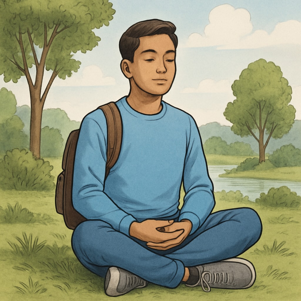 A ninth-grade student practicing mindfulness outdoors for mental health and emotional resilience.