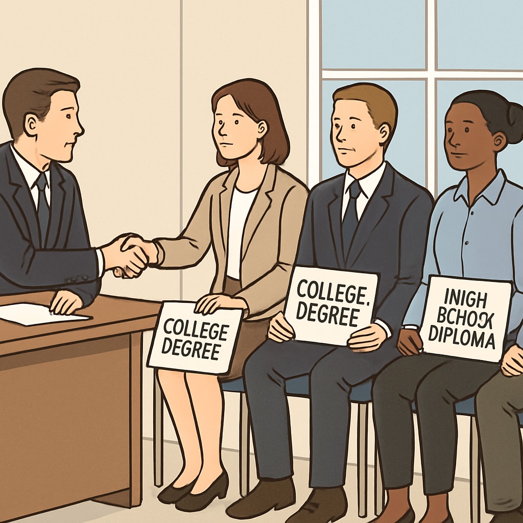A professional setting showing job applicants with various educational qualifications, emphasizing the contrast between college degrees and high school diplomas. Job applicants with college degrees and high school diplomas in an office setting.