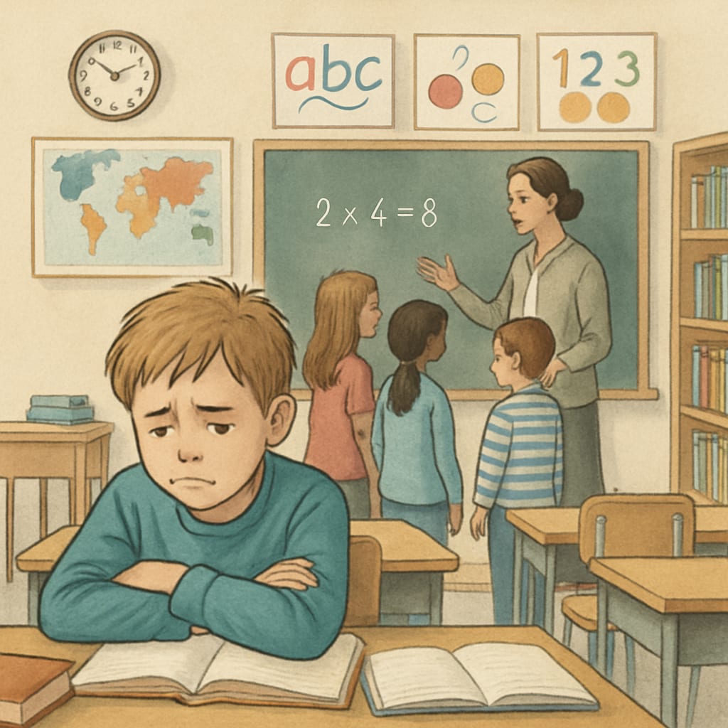 A disheartened student in a classroom, reflecting the negative impact of marginalization caused by 