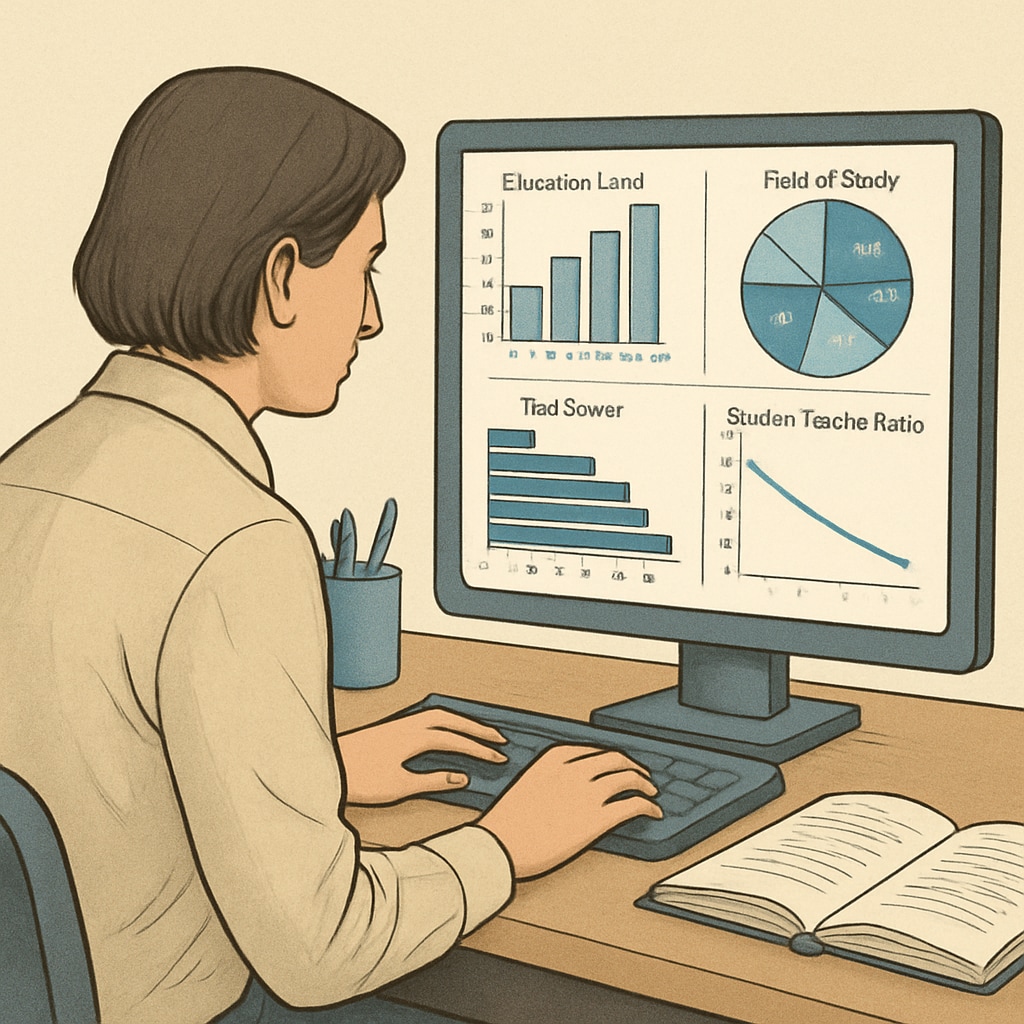 A researcher analyzing survey data on a computer, showing graphs and charts relevant to education studies. Researcher analyzing survey data related to media research and educational studies.
