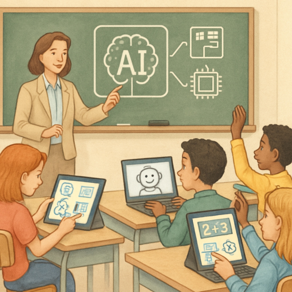 A classroom of students engaging with AI-powered learning tools, guided by a teacher. Students working with AI tools in a classroom setting, showcasing Melania Trump’s AI policy impact on K-12 education.