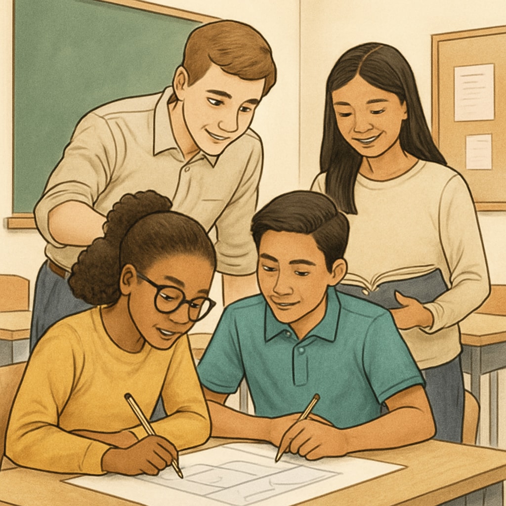 A diverse group of students working together on a project in a classroom, symbolizing collaboration and character development. Students collaborating on a classroom project, building teamwork and character.