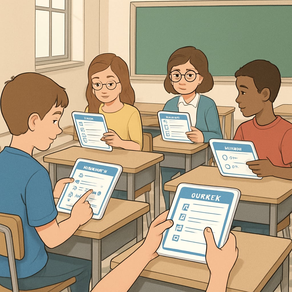 A classroom setting where students are engaged in filling out digital surveys on tablets, emphasizing the importance of user-friendly survey interfaces. Classroom with students completing digital surveys as part of K12 education research.