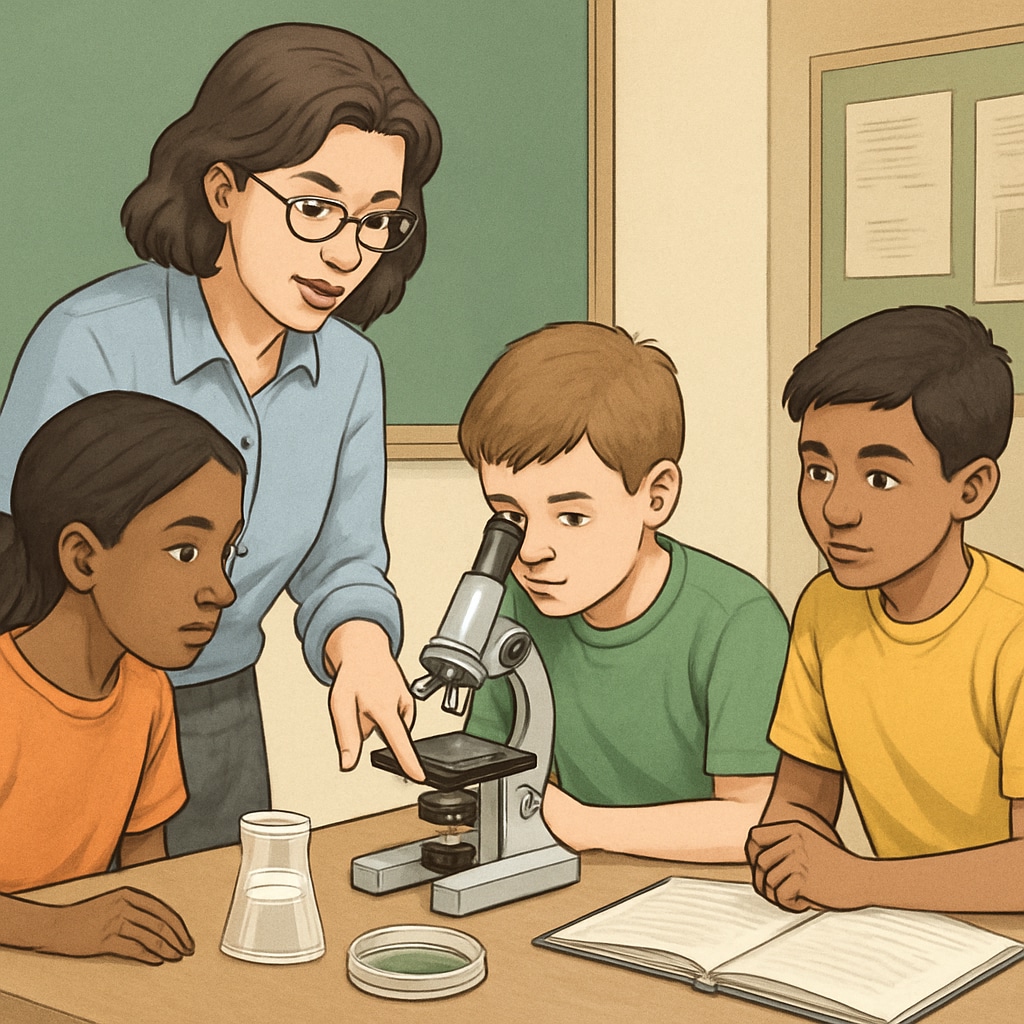 A teacher guiding students through a science experiment, representing inquiry-based learning and critical thinking. Teacher conducting a science experiment with students, fostering critical thinking skills.