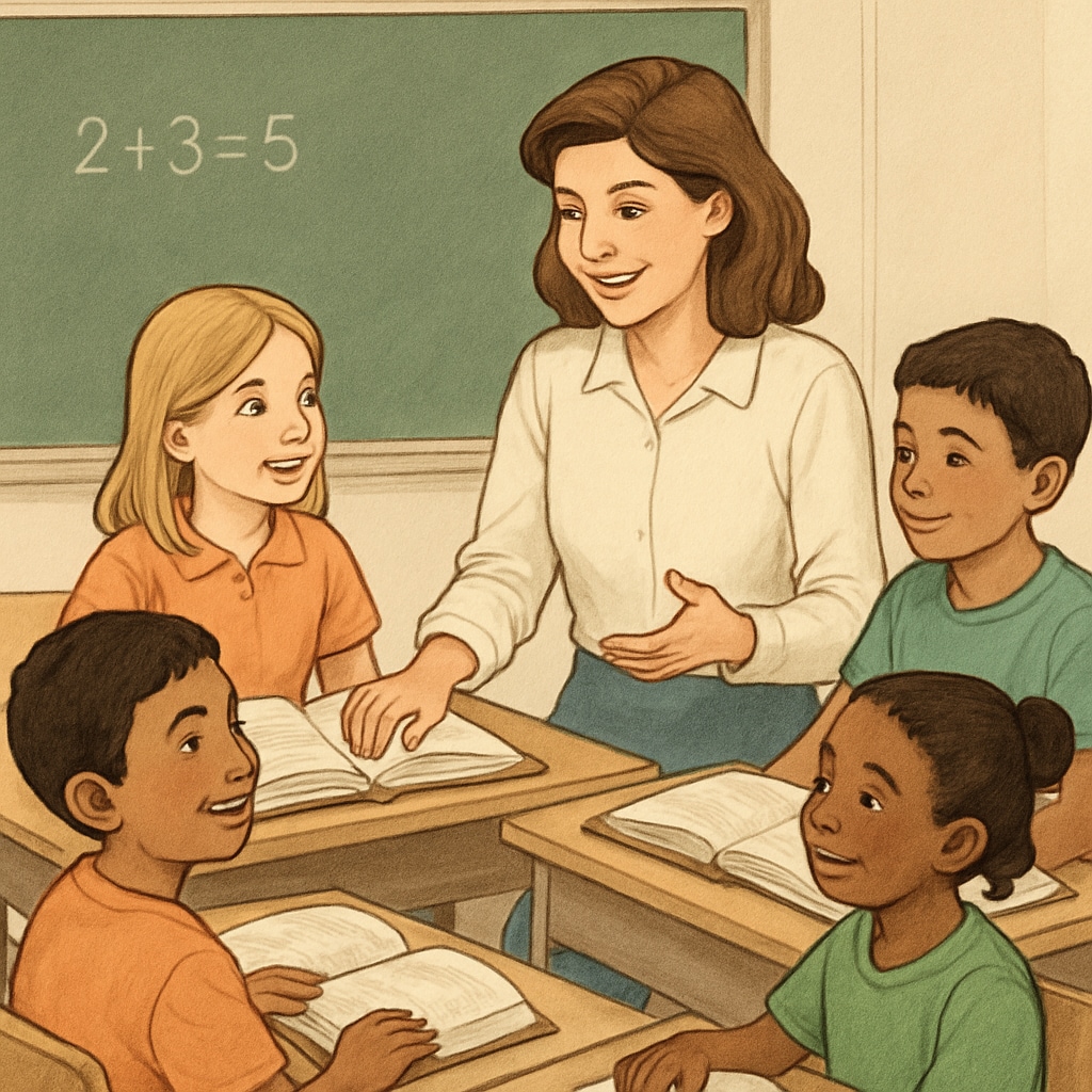 Teacher guiding students in a reading activity to illustrate Whole Language learning.