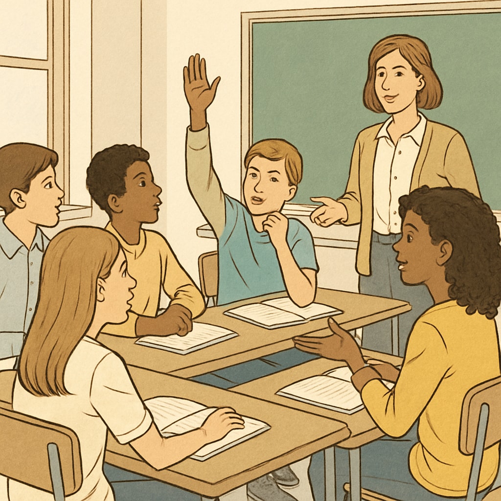 A classroom setting with students engaged in a discussion, illustrating educational inquiry. Students discussing educational topics, representing research question development in K12 settings.