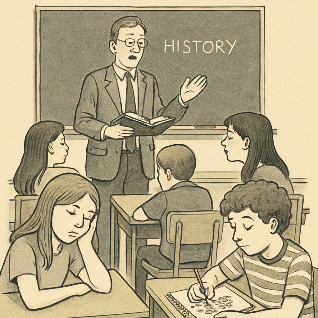 Teacher lecturing in a classroom with students looking distracted, highlighting causes of boredom in K12 education.