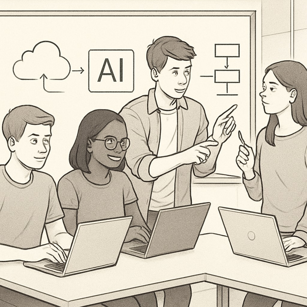 Undergraduate students working on an AI project in a resource-limited environment.