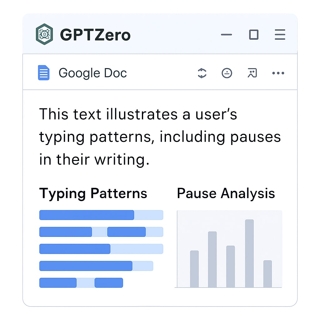 A screenshot of GPTZero's interface showing typing patterns and pause analysis in a Google Doc. Screenshot of GPTZero analyzing student writing patterns in Google Docs.
