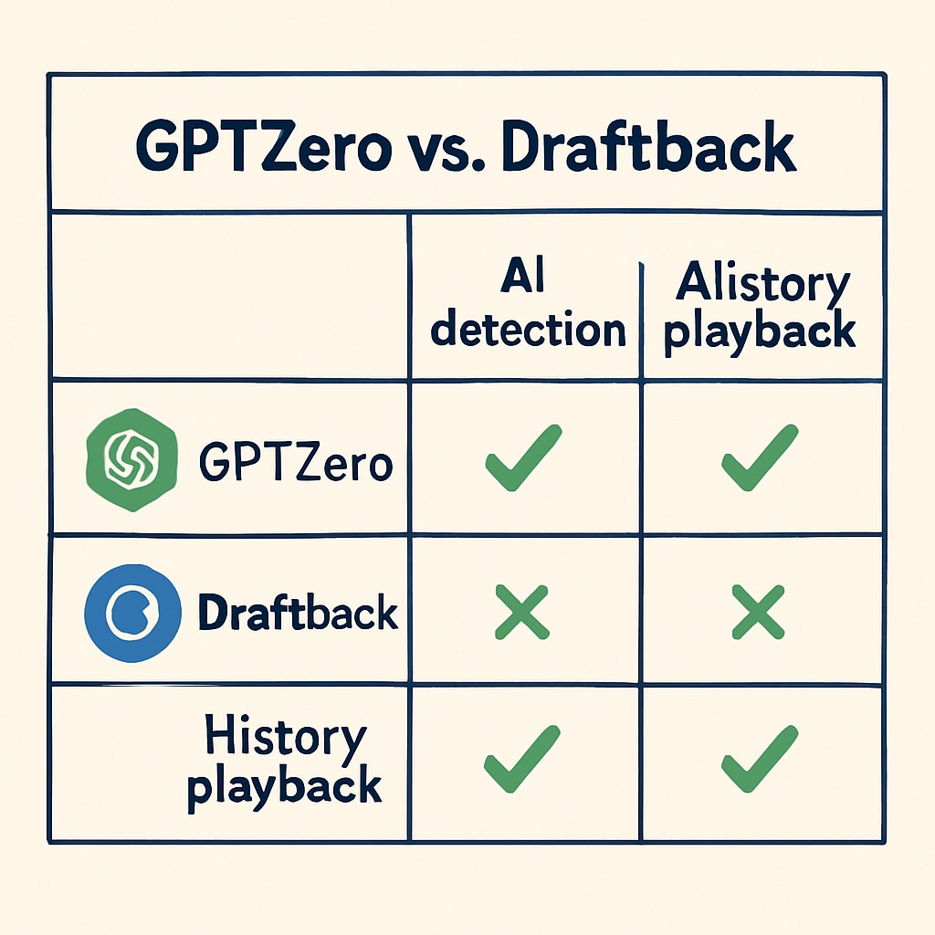 A comparison chart highlighting the features of GPTZero and Draftback, emphasizing GPTZero's advanced capabilities. Chart comparing features of GPTZero and Draftback for student writing monitoring.