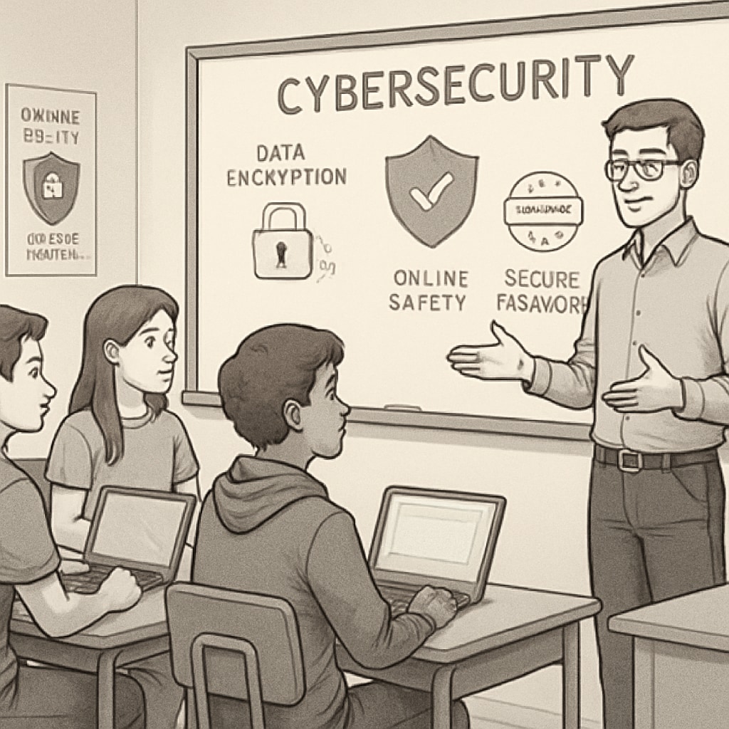 A group of high school students actively participating in a cybersecurity workshop, learning key concepts like data encryption and online safety. High school students in a cybersecurity workshop, learning foundational concepts.