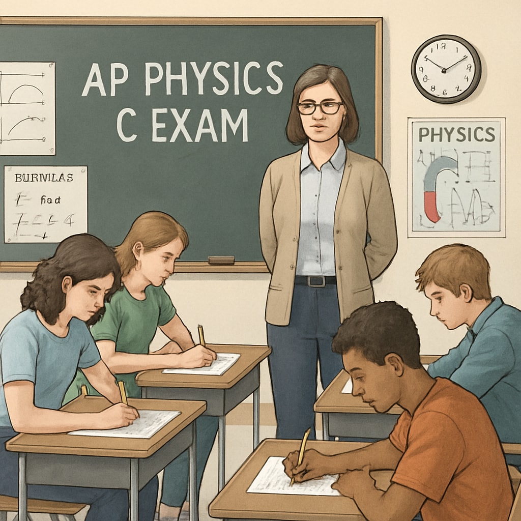 A classroom of students taking an AP Physics C exam under teacher supervision, emphasizing the importance of accurate grading. Students taking an AP Physics C exam, highlighting the role of teacher accountability in grading accuracy.