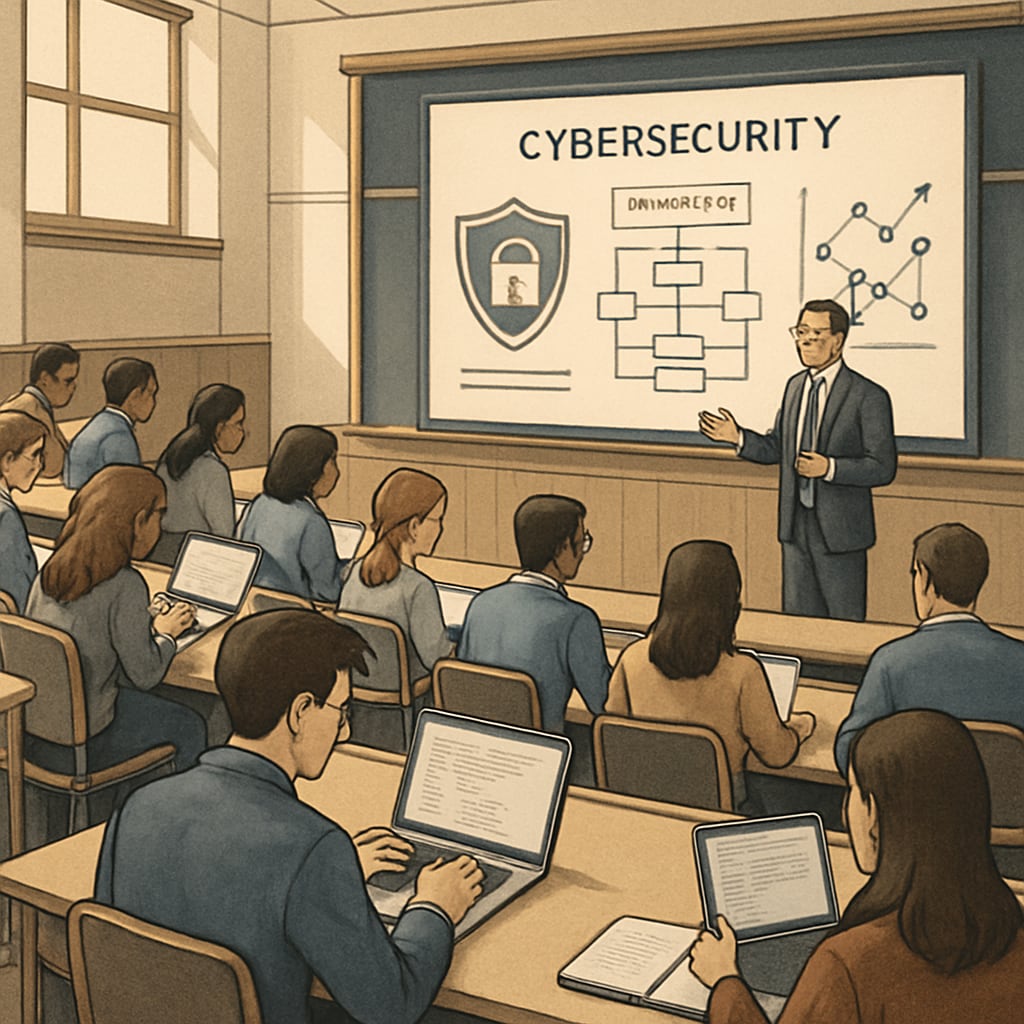 A lecture hall at a prestigious university, with students engaged in learning about advanced cybersecurity frameworks and their applications. University students learning about cybersecurity frameworks in a lecture hall.