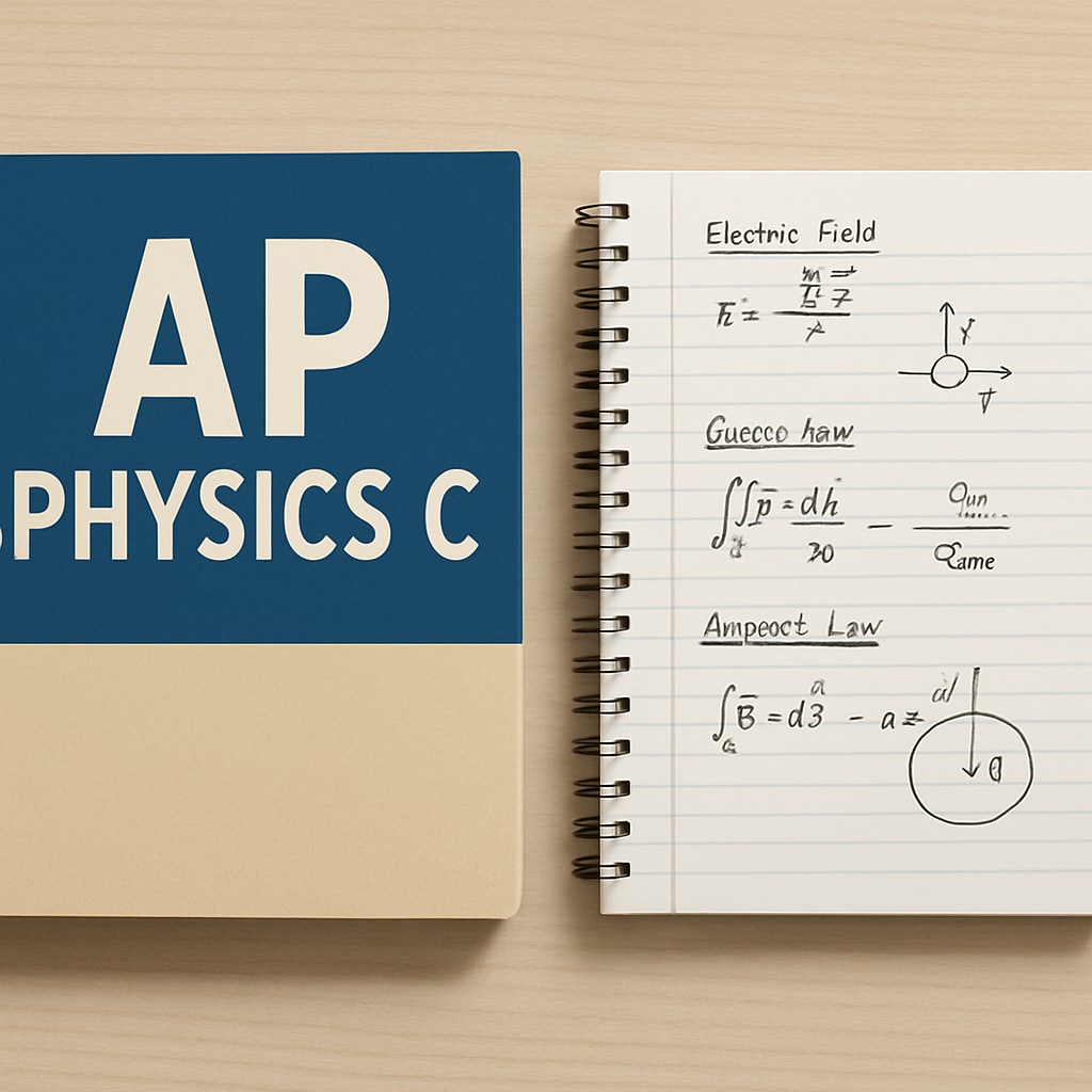An AP Physics C textbook and a student’s notebook, symbolizing the complexity and stakes of advanced coursework. AP Physics C textbook and notes, representing the challenges of advanced placement education.