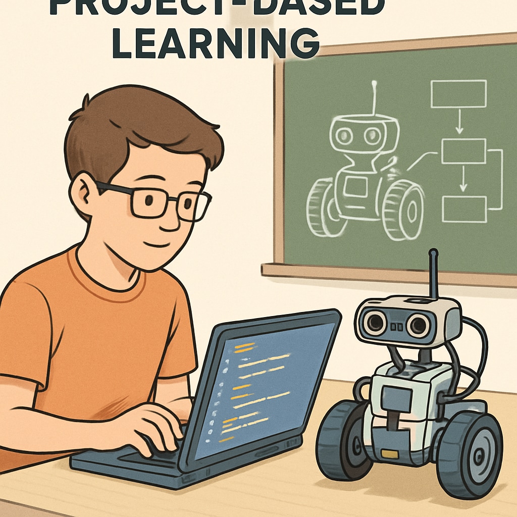 A close-up of a student programming a robot during a hands-on workshop, emphasizing project-based learning. A student practicing programming during a project-based robotics course for beginners.