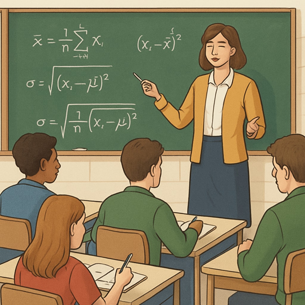 A classroom setting where students are engaged in a mathematics lecture, emphasizing the importance of course selection for biostatistics. Mathematics lecture emphasizing biostatistics course selection.