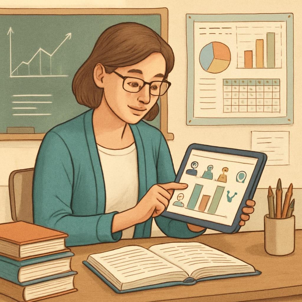 A teacher using digital tools to monitor students’ progress in real time, symbolizing advanced assessment methods. Teacher using technology to track students’ learning progress in real-time.