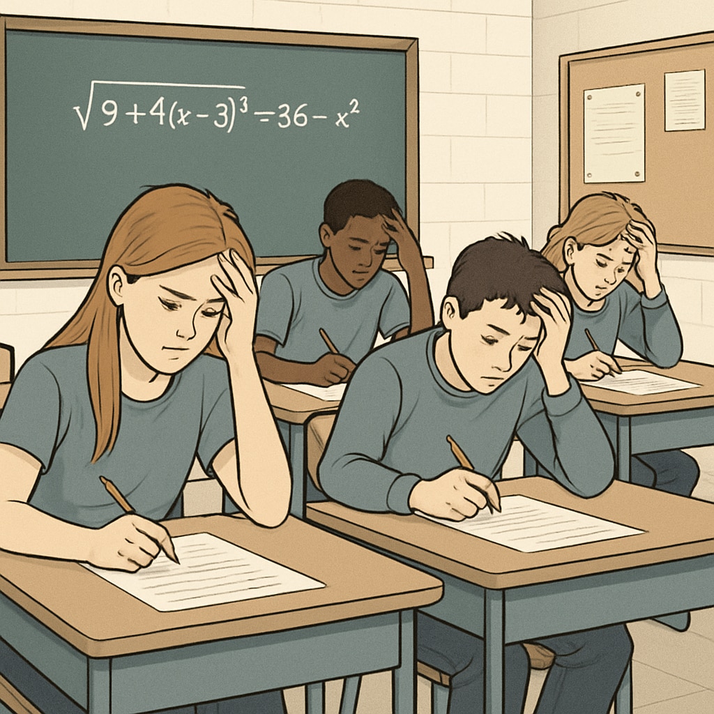 A classroom with students struggling during a math test, illustrating the stress of GCSE math resits. Students taking a math test, highlighting stress related to GCSE math resits.