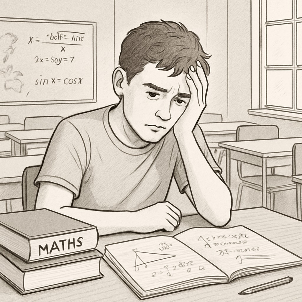 A frustrated student sitting alone with textbooks, representing the isolation many feel after failing GCSE math resits. A student with textbooks, depicting feelings of isolation after GCSE math resit failures.