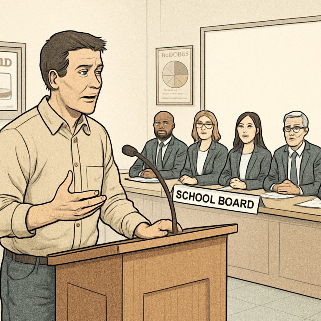 A concerned parent speaking at a school board meeting, raising questions about governance and safety. Concerned parent at a public school board meeting addressing child safety concerns.