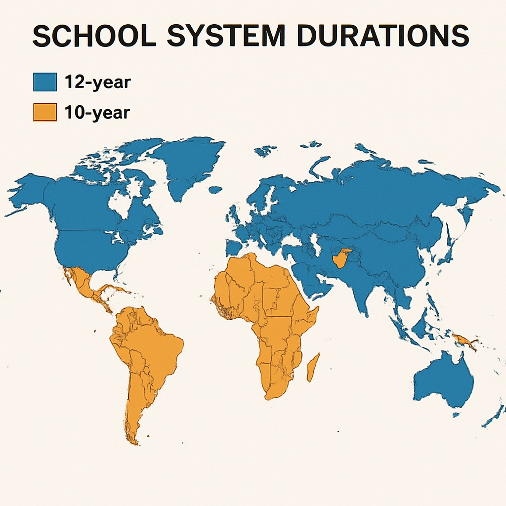 A global map illustrating the variations in school system durations (10-year vs. 12-year) across different countries. World map showing differences in school system durations (10-year vs. 12-year).