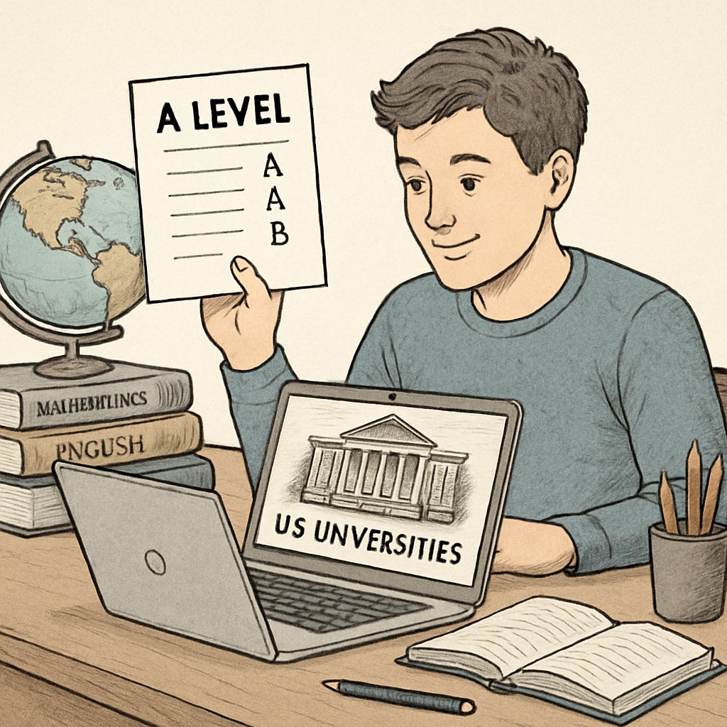 A student holding A Level certificates while researching U.S. universities online Student researching U.S. universities with A Levels certificates
