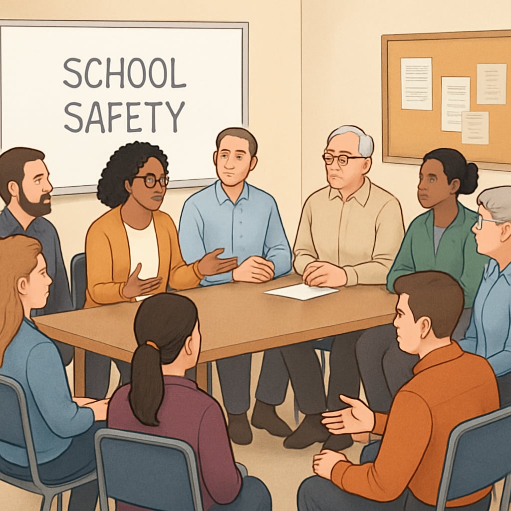 A group of community members gathered in a local hall, discussing and debating school safety measures. Community members discussing school safety policies and governance reforms.
