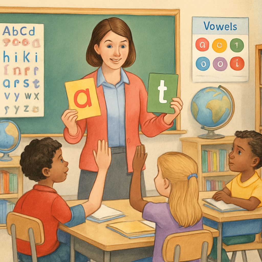 A classroom scene where a teacher is using phonics flashcards to teach young students. Phonics instruction in a classroom setting.