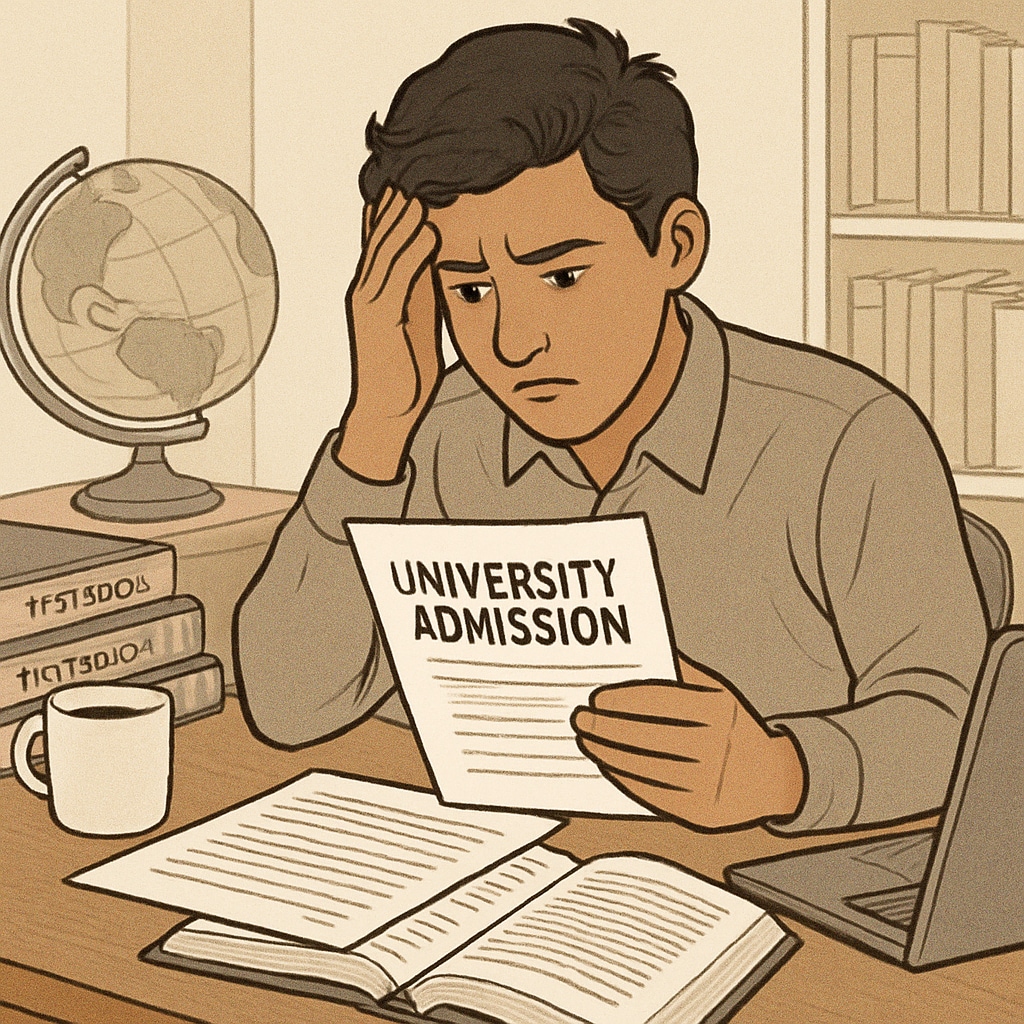 A stressed international student reviewing documents for university admission, symbolizing the challenges of navigating different educational systems. International student reviewing application documents, representing educational system barriers.