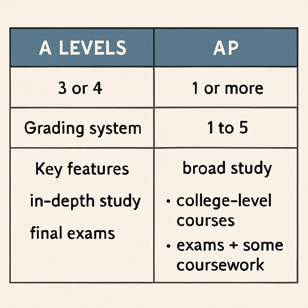 A comparison chart showing A Levels and AP courses side by side Chart comparing A Levels and AP courses for U.S. university applications
