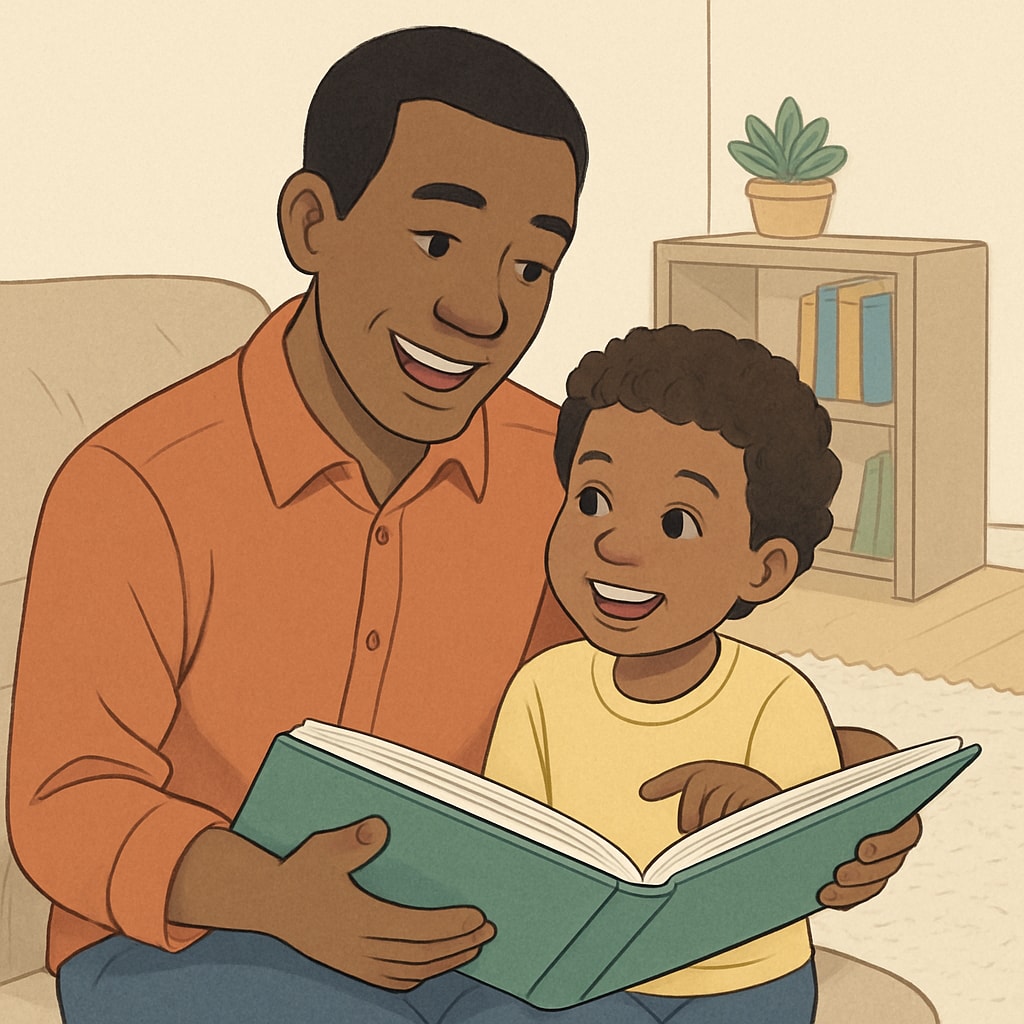 A parent reading a storybook with their child at home, emphasizing engagement and interaction. Parent-child reading session focusing on whole language comprehension.