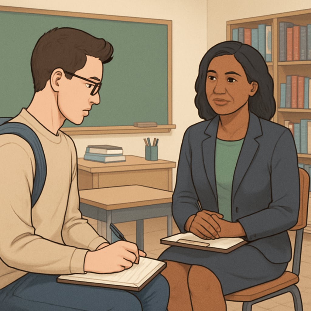 A graduate student taking notes during an interview with a school counselor in a classroom setting Graduate student conducting a school counselor interview in a classroom
