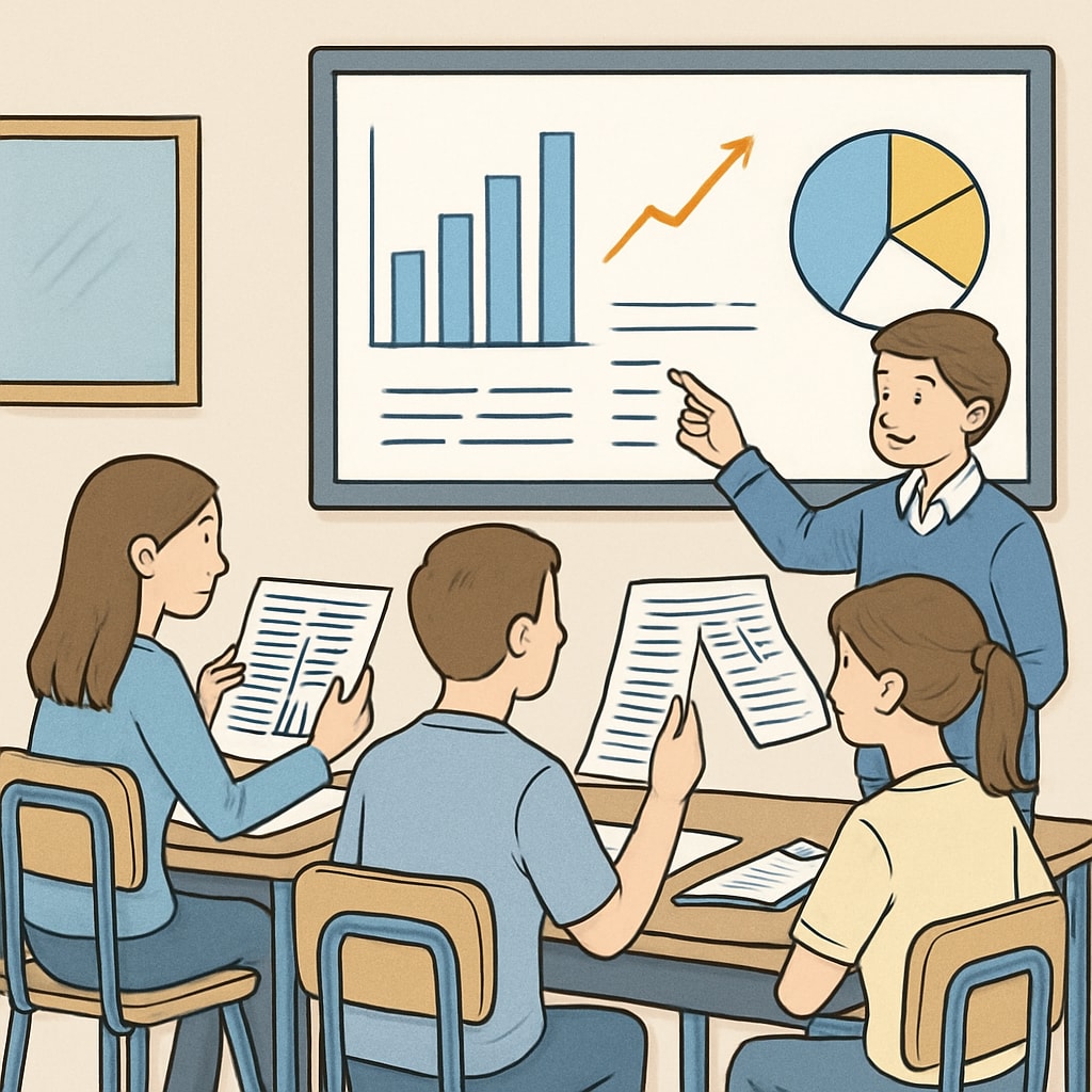 Students analyzing media articles in a classroom setting, with charts and graphs displayed on a screen. Media research and survey methods in K12 education, students analyzing data.