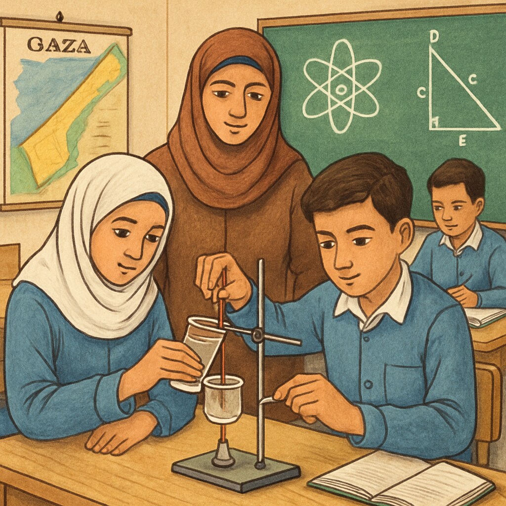 A classroom in Gaza with students actively participating in a science experiment, symbolizing the importance of science education. Students in a Gaza classroom conducting a science experiment.
