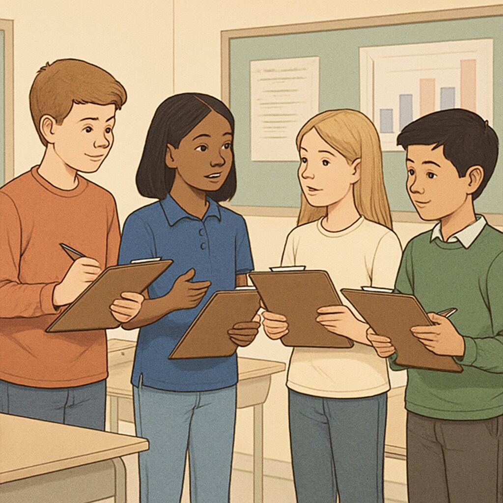 A group of K12 students conducting a survey, holding clipboards and discussing questions. Students conducting academic surveys in K12 education.